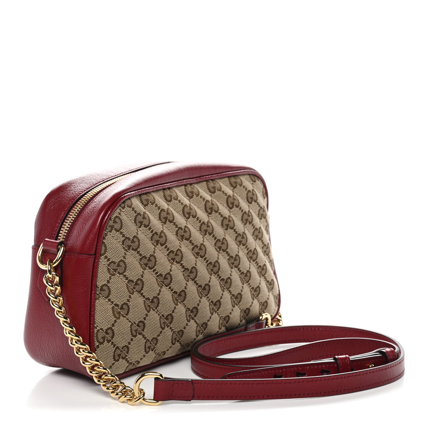 Monogram Azalea Calfskin Matelasse Diagonal Small GG Marmont Chain Shoulder Bag Beige Ebony New Cherry Red
