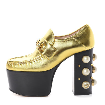 Gucci Malaga Kid Pearl Studded Vegas Platform Loafers 35 Gold 1 of 7