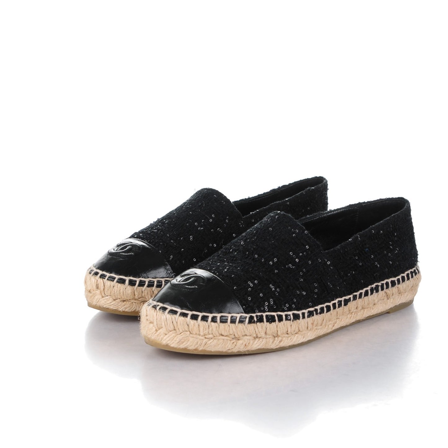 Tweed Patent Goatskin Sequin CC Espadrilles 38 Black