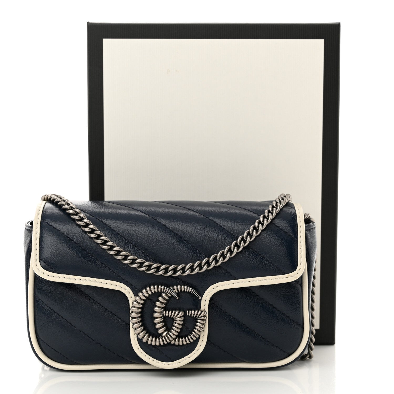 Gucci Vintage Effect Calfskin Matelasse Diagonal Super Mini Torchon GG Marmont Shoulder Bag Blue Agata Mystic White 12 of 12