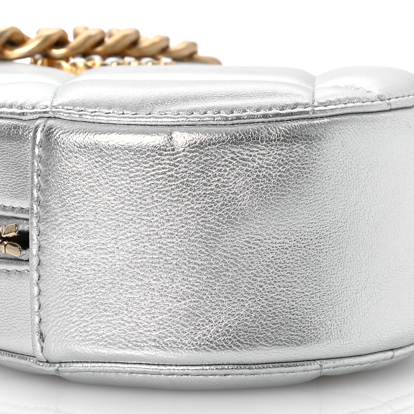 Metallic Lambskin Quilted Chanel 19 Round Clutch With Chain Silver