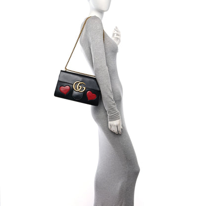 Gucci Knight Calfskin Malaga Kid Heart Medium GG Marmont Chain Handle Bag Black Hibiscus Red Multicolor 2 of 11