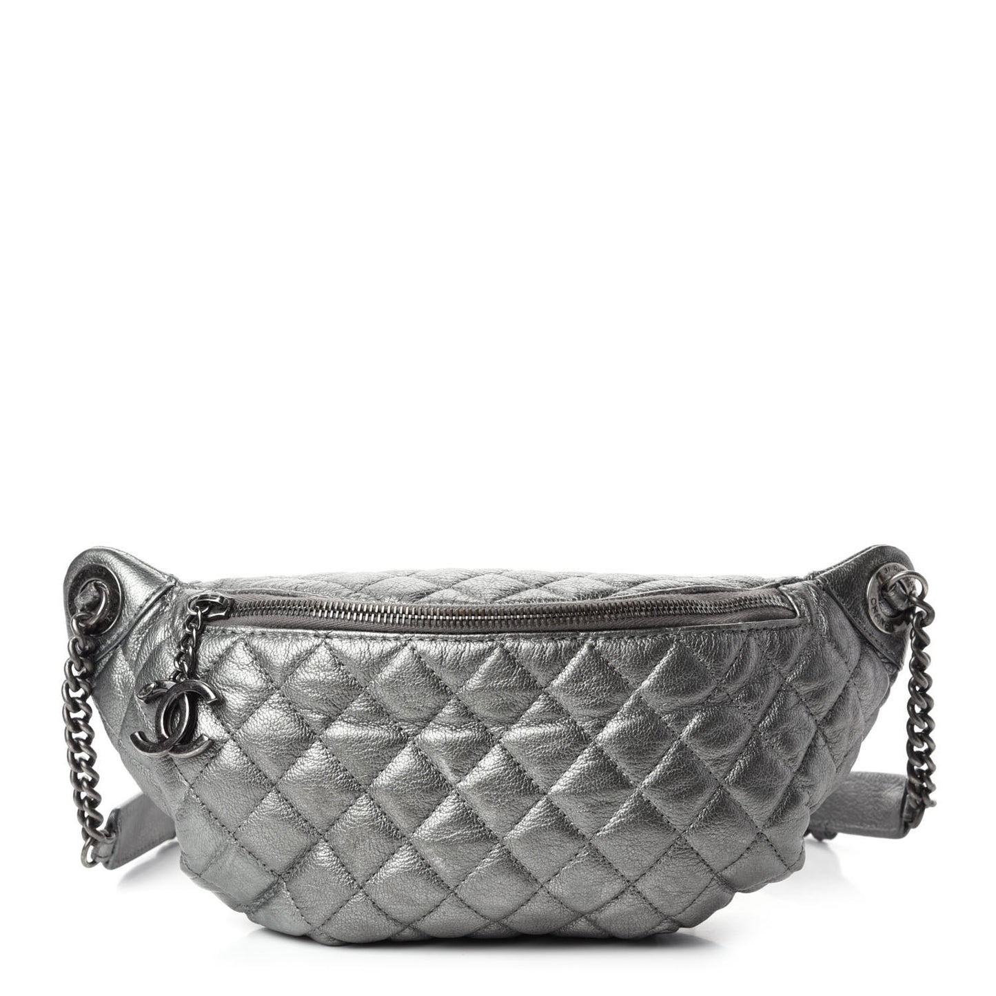 Metallic Goatskin Quilted Banane Waist Bag Fanny Pack Silver