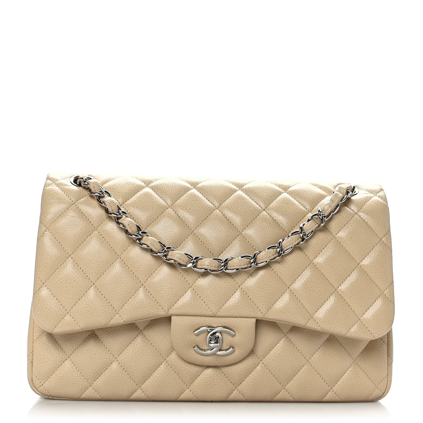 Caviar Quilted Jumbo Double Flap Beige