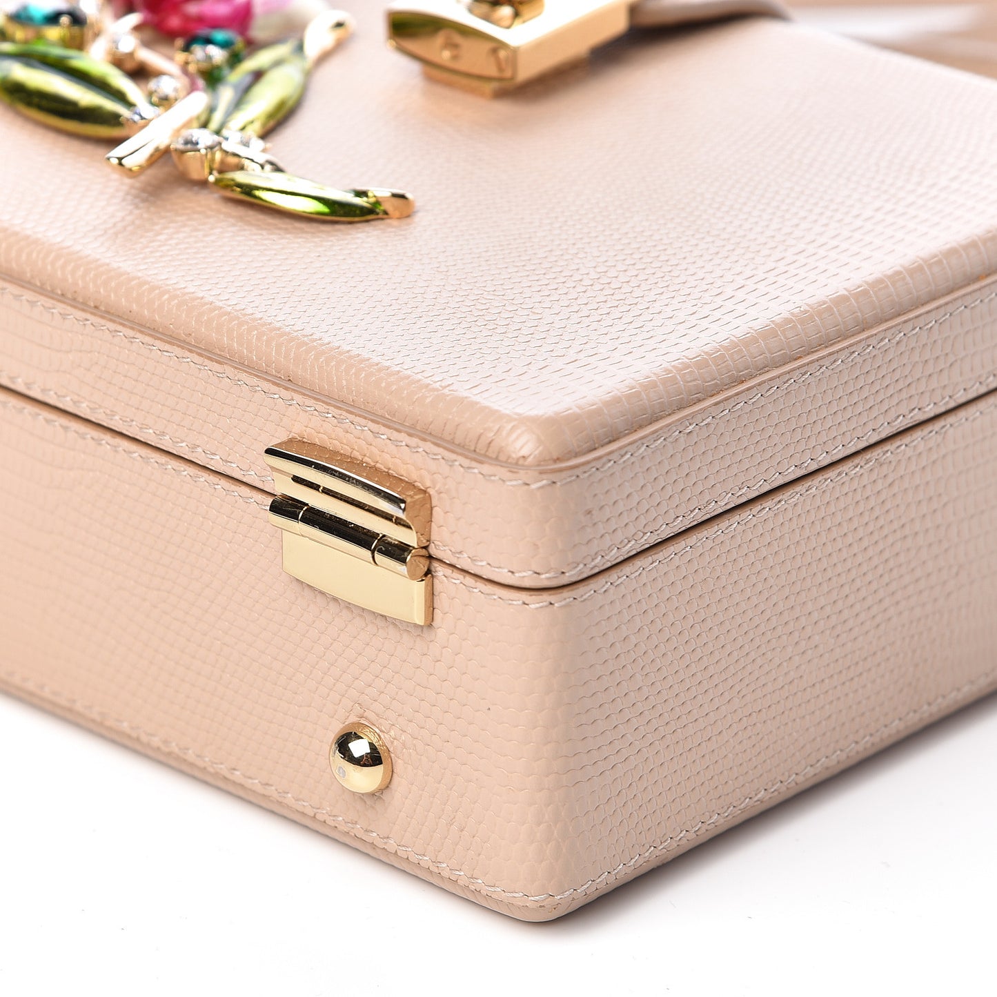 Lizard Calfskin Embossed Dauphine Tulip Crystal Embellished Box Bag Taupe