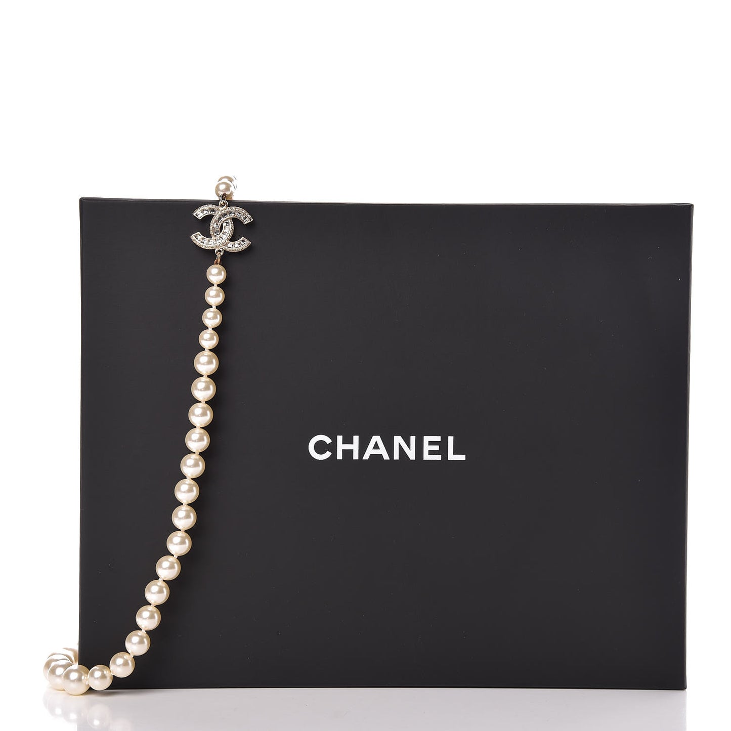 Pearl Baguette Crystal Long CC Necklace Gold