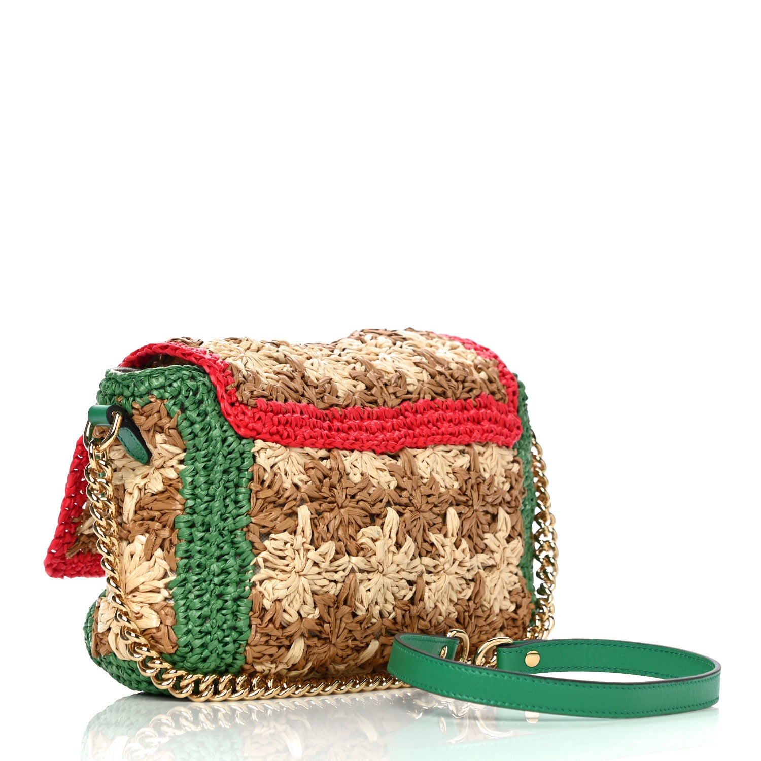 Gucci Raffia Azalea Calfskin Crochet Flower Small GG Marmont Shoulder Bag Natural Ecru Green Red New Shamarock 3 of 12
