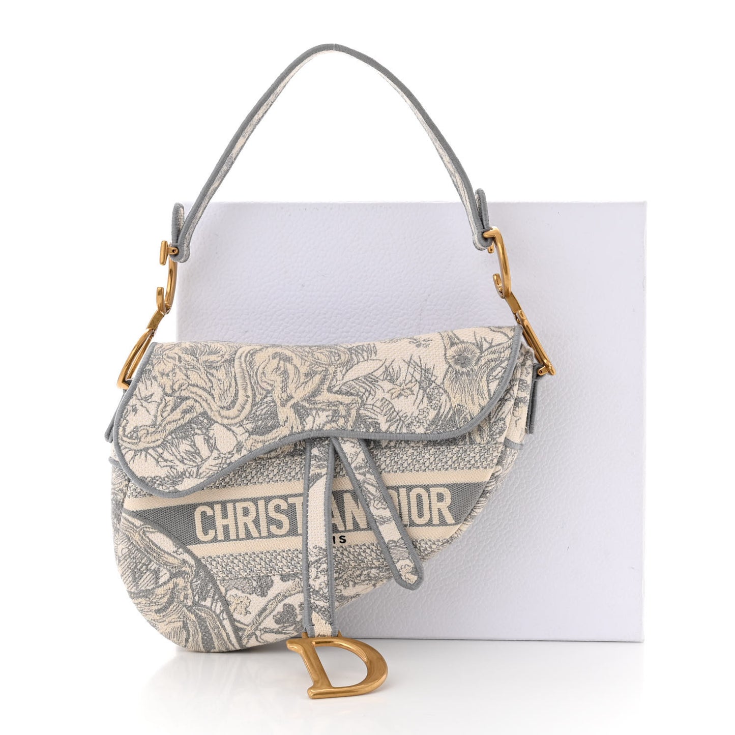Canvas Embroidered Toile de Jouy Saddle Bag Gray