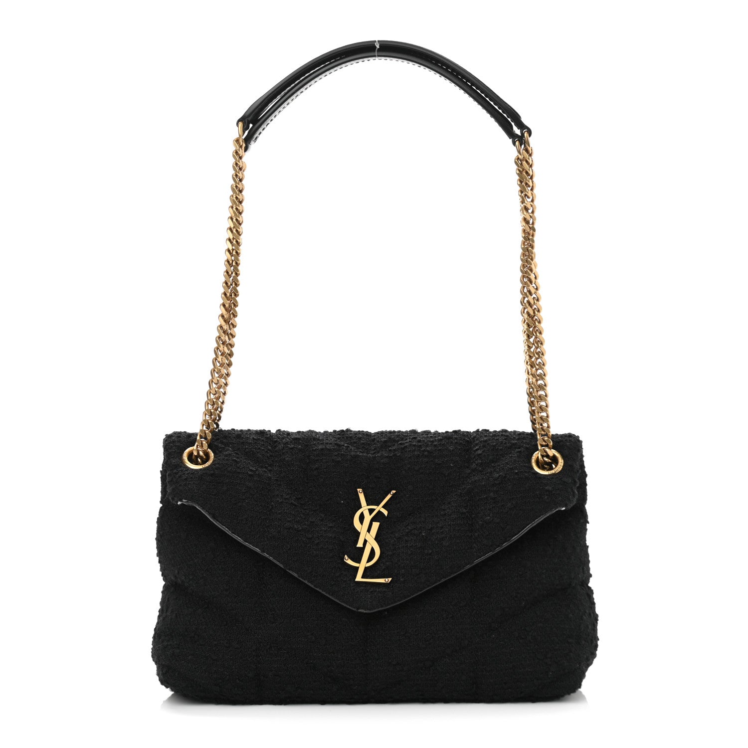 Saint Laurent Tweed Quilted Small Loulou Puffer Monogram Chain Satchel Black 1 of 10