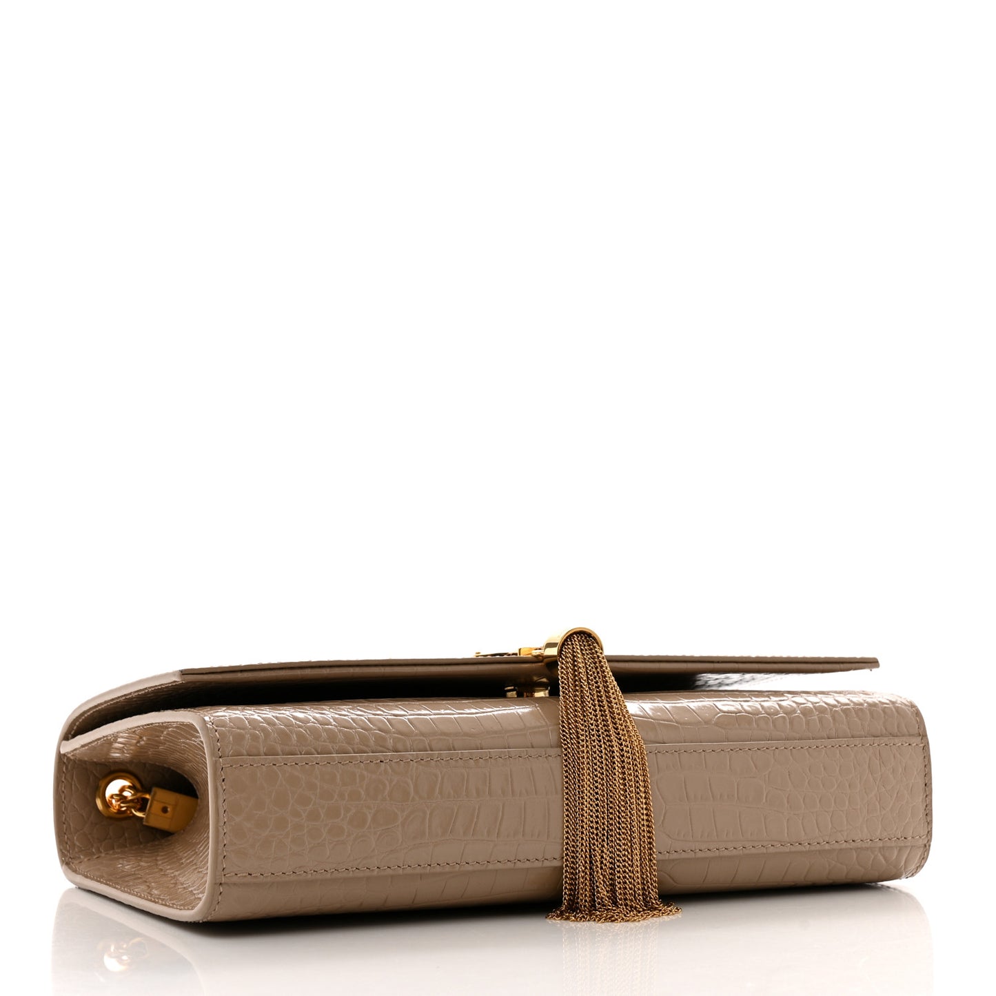 Calfskin Crocodile Embossed Medium Classic Monogram Kate Tassel Satchel Dark Beige