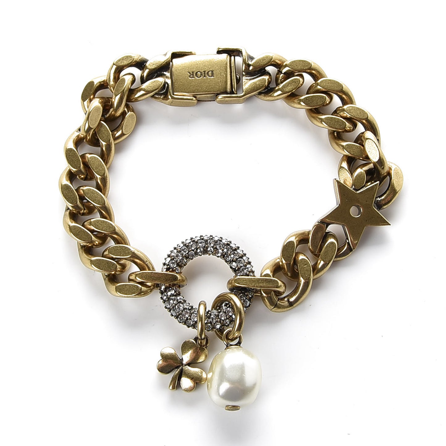 Crystal Pearl Clover Chain Bracelet Gold