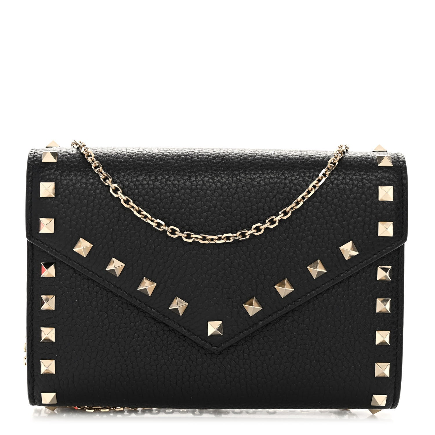 Valentino Garavani Pebbled Calfskin Rockstud Envelope Wallet on Chain Black 1 of 10