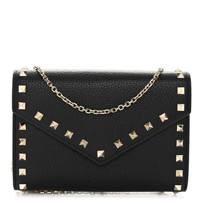 Valentino Garavani Pebbled Calfskin Rockstud Envelope Wallet on Chain Black 1 of 10