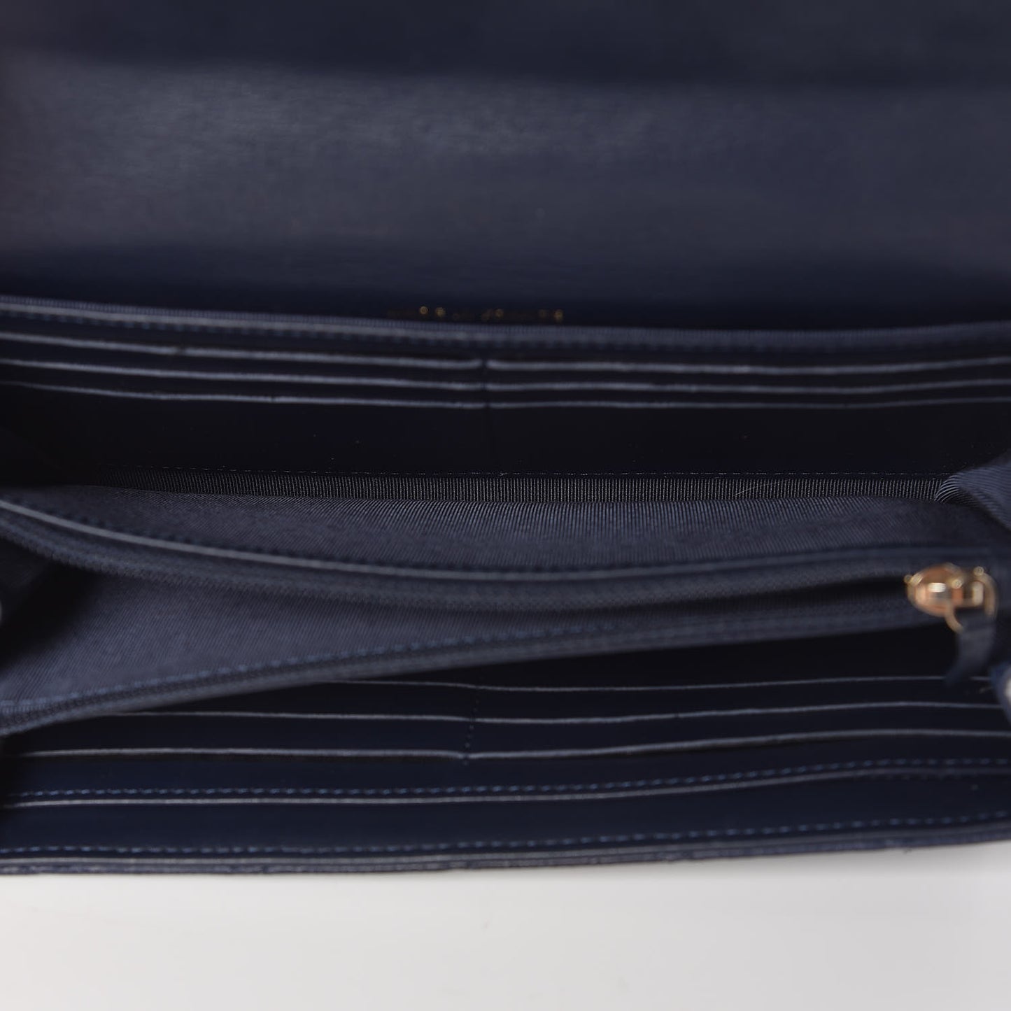 Letter Calfskin Embossed Quilted Large Gusset Flap Wallet Navy
