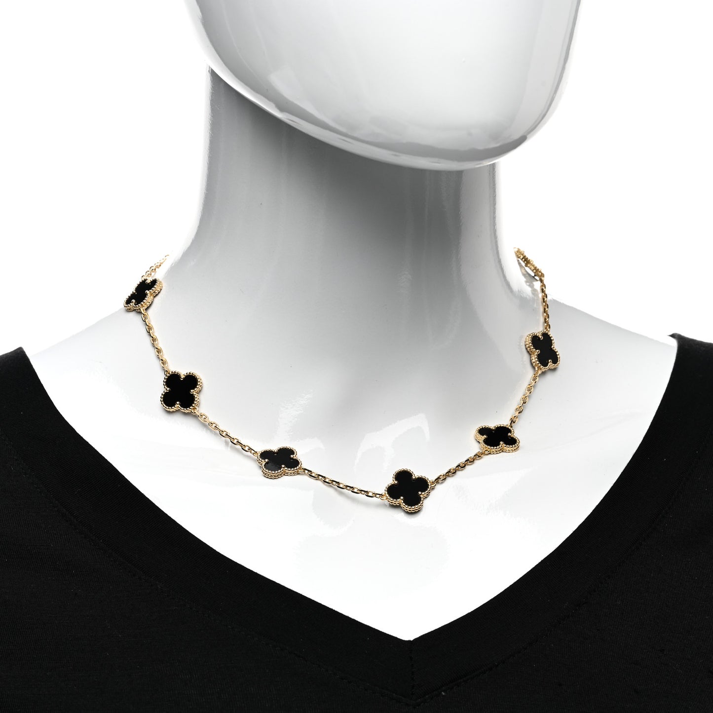 18K Yellow Gold Black Onyx 10 Motifs Vintage Alhambra Necklace