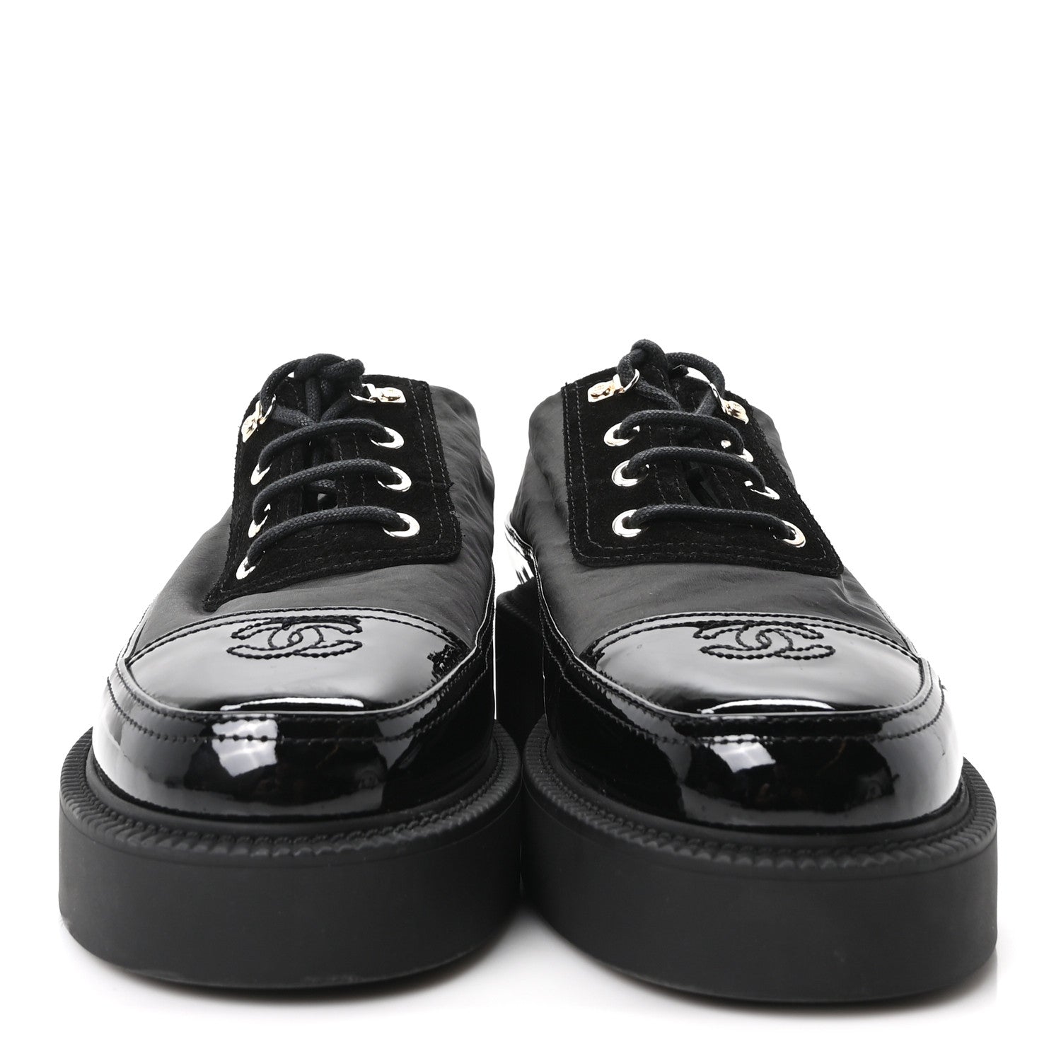 Chanel Nylon Suede Patent Calfskin CC Captoe Lace Up Oxfords 39.5 Black 3 of 10