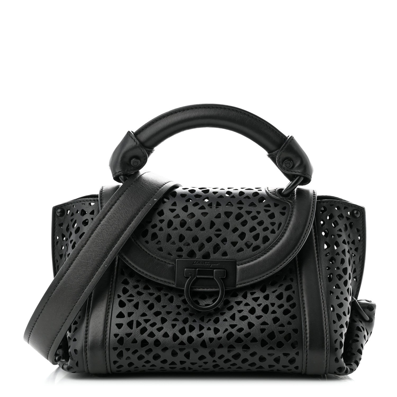 Salvatore Ferragamo Soft Calfskin Laser Cut Sofia Satchel Black 1 of 11