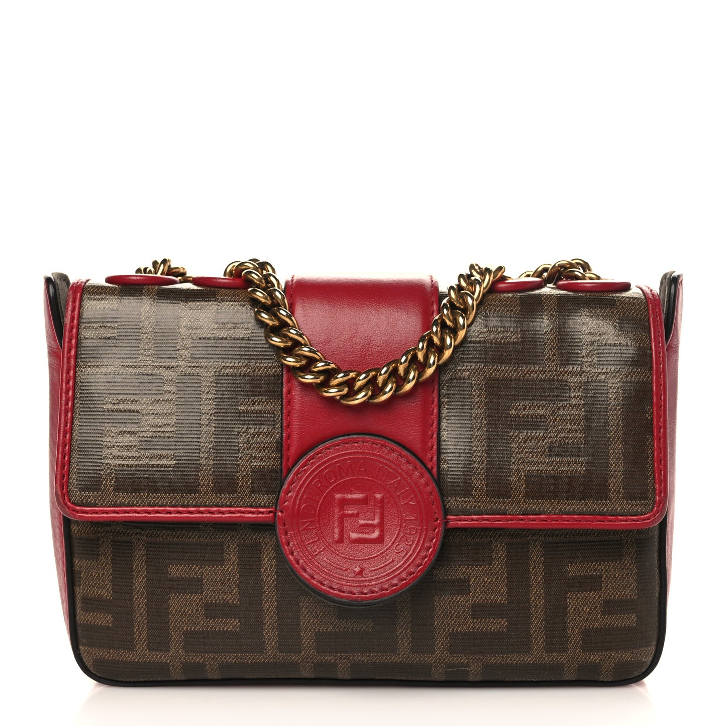 Glazed Fabric Vitello Century FF 1974 Stamp Patch Mini Double F Crossbody Bag Mogano Panna Fragola