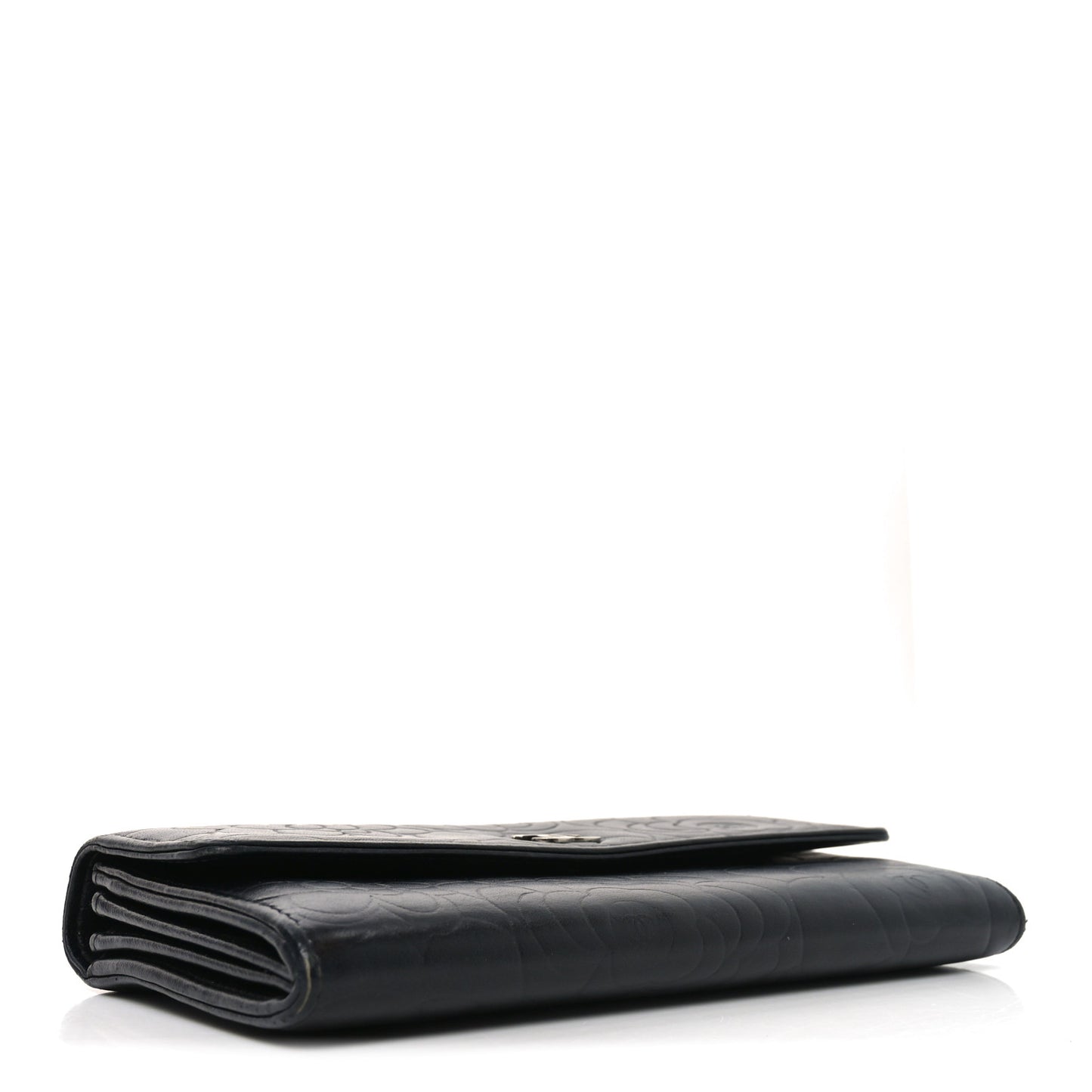 Lambskin Embossed Camellia Large Gusset Flap Wallet Black