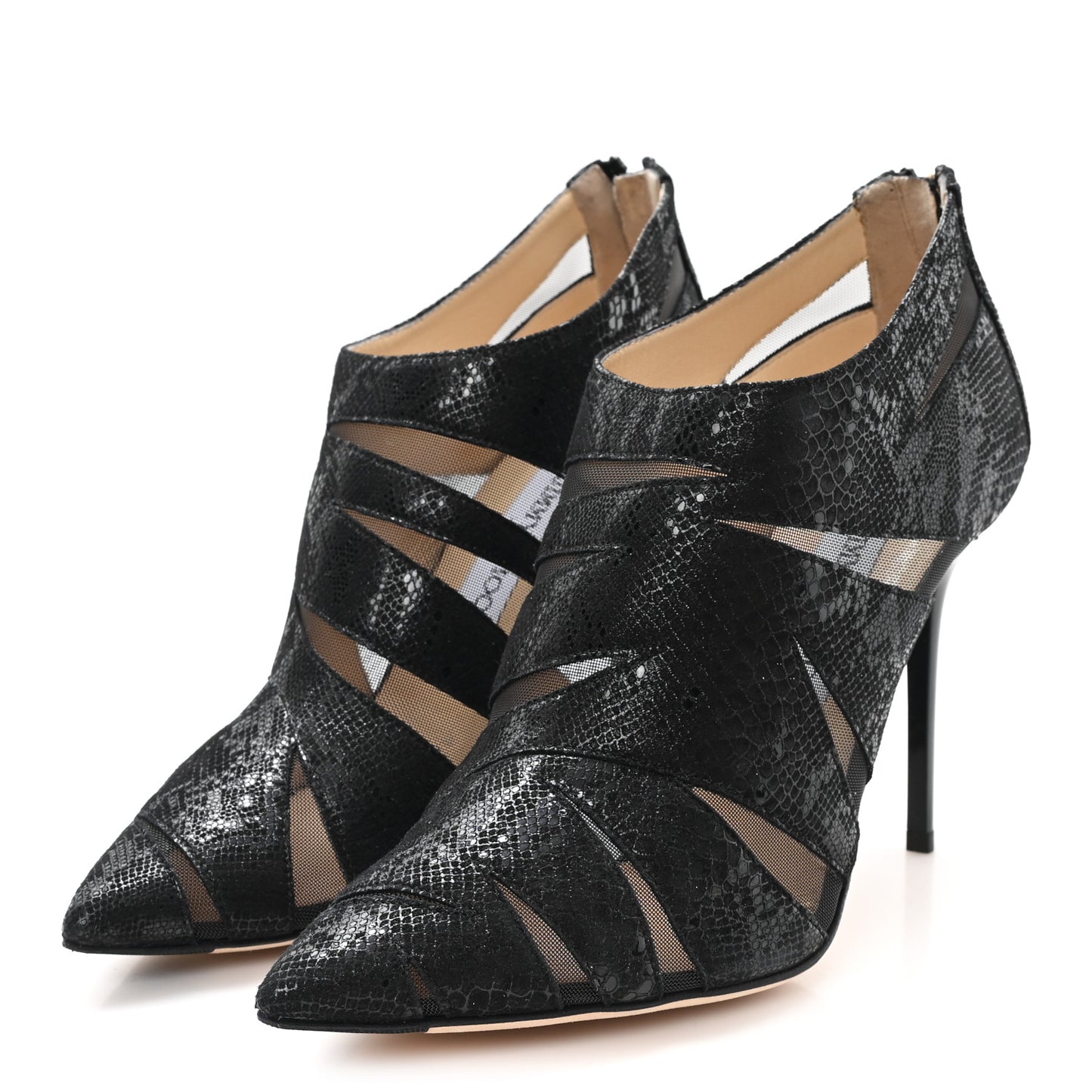 Suede Snake Embossed Mesh Wister Ankle Booties 40.5 Black