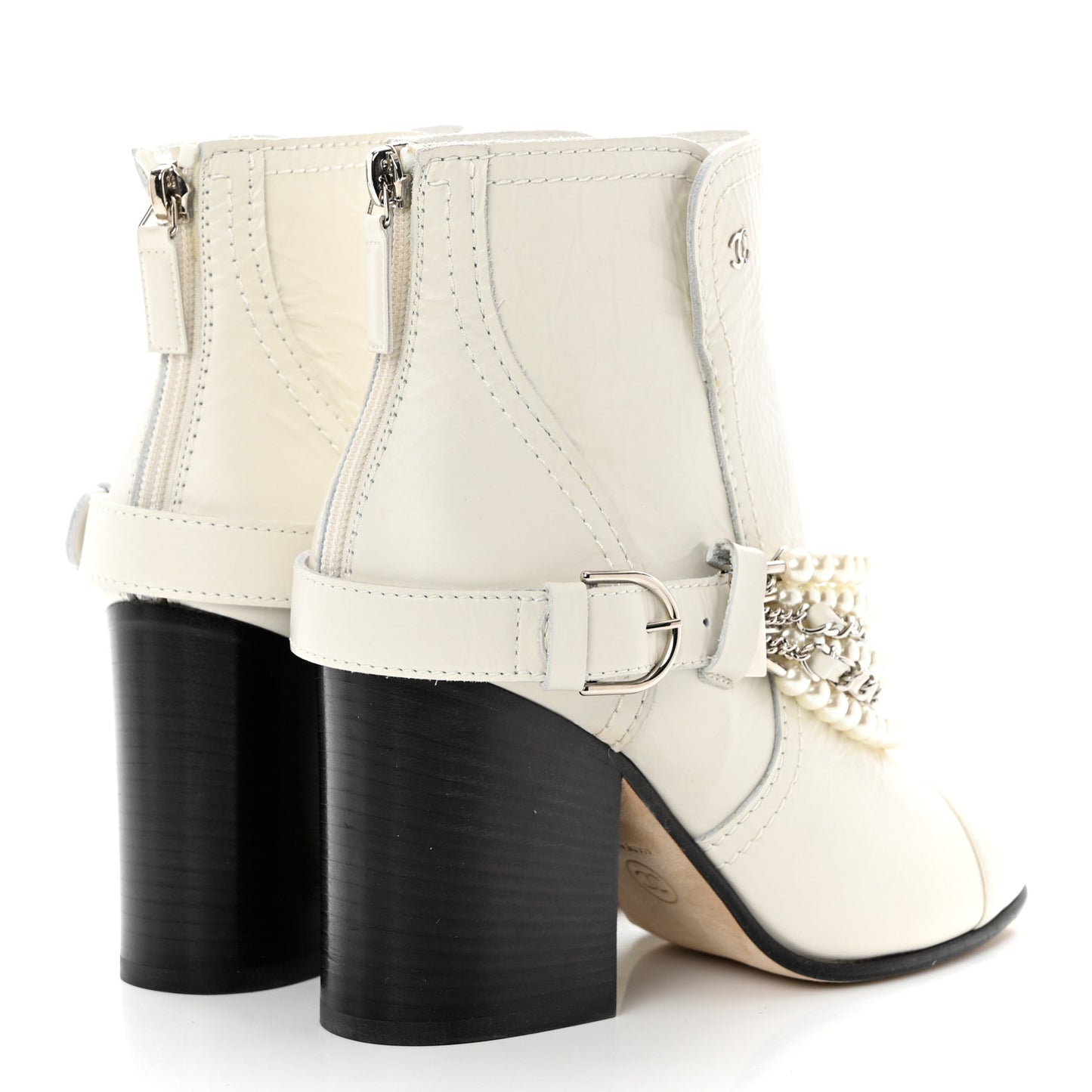 Crackled Calfskin Pearl Chain CC Short Boots 36 White