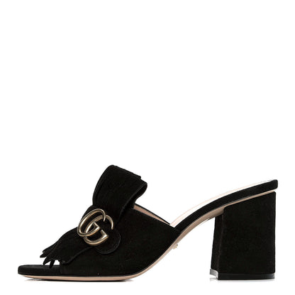 Gucci Kid Scamosciato GG Marmont Fringe 75mm Slide Sandals 39 Black 1 of 6