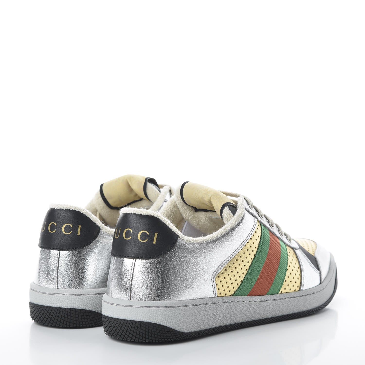 Gucci Metallic Calfskin Web Womens Screener Sneakers 36 Silver Gold Black 4 of 8
