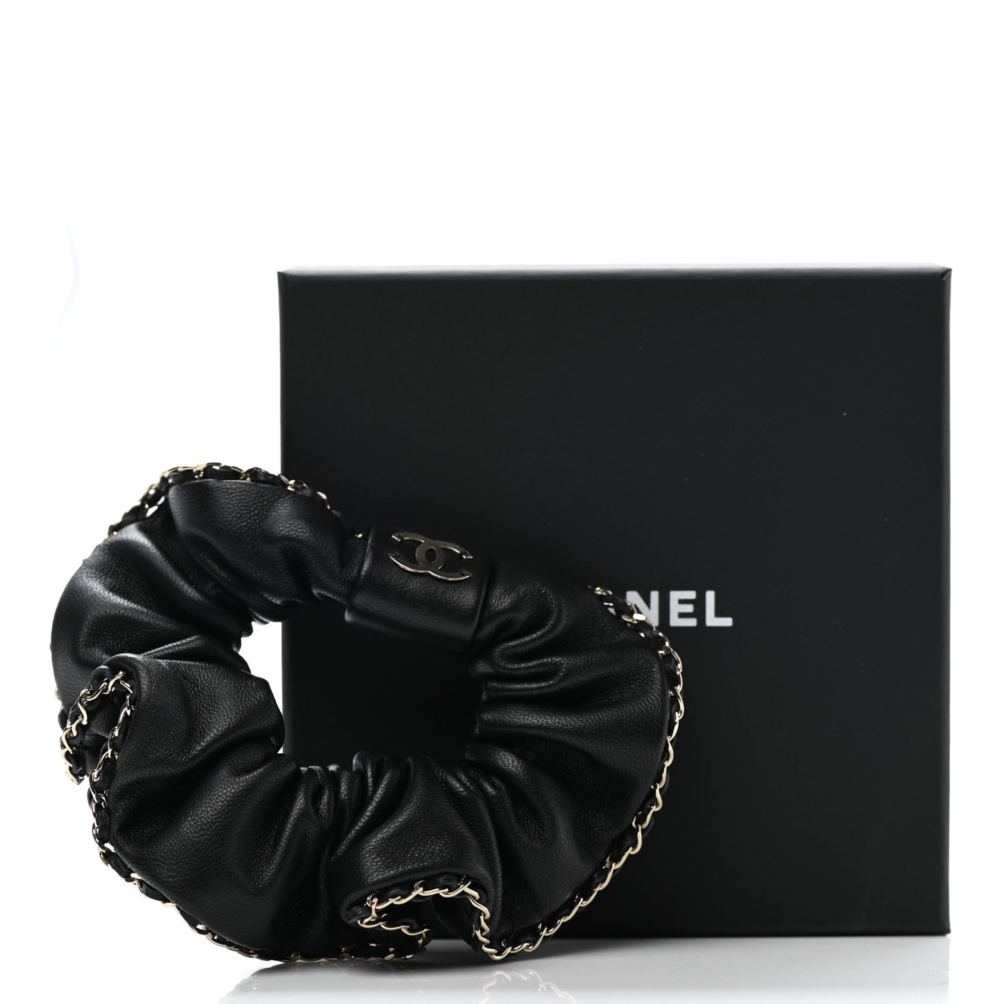 Lambskin Chain CC Hair Scrunchie Black Gold
