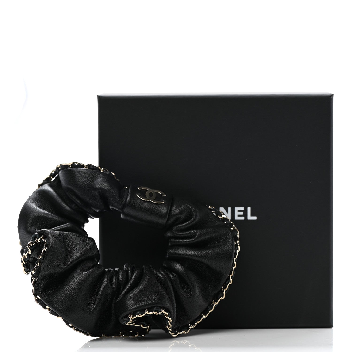 Chanel Lambskin Chain CC Hair Scrunchie Black Gold 4 of 4