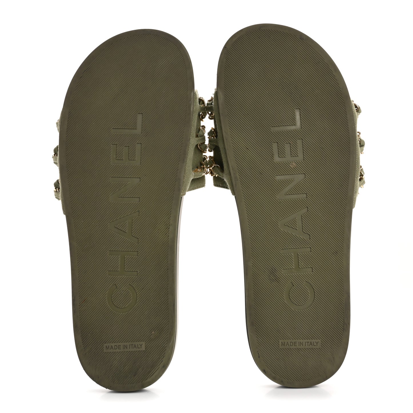 Satin Canvas Chain Slides Sandals Flats 40 Khaki