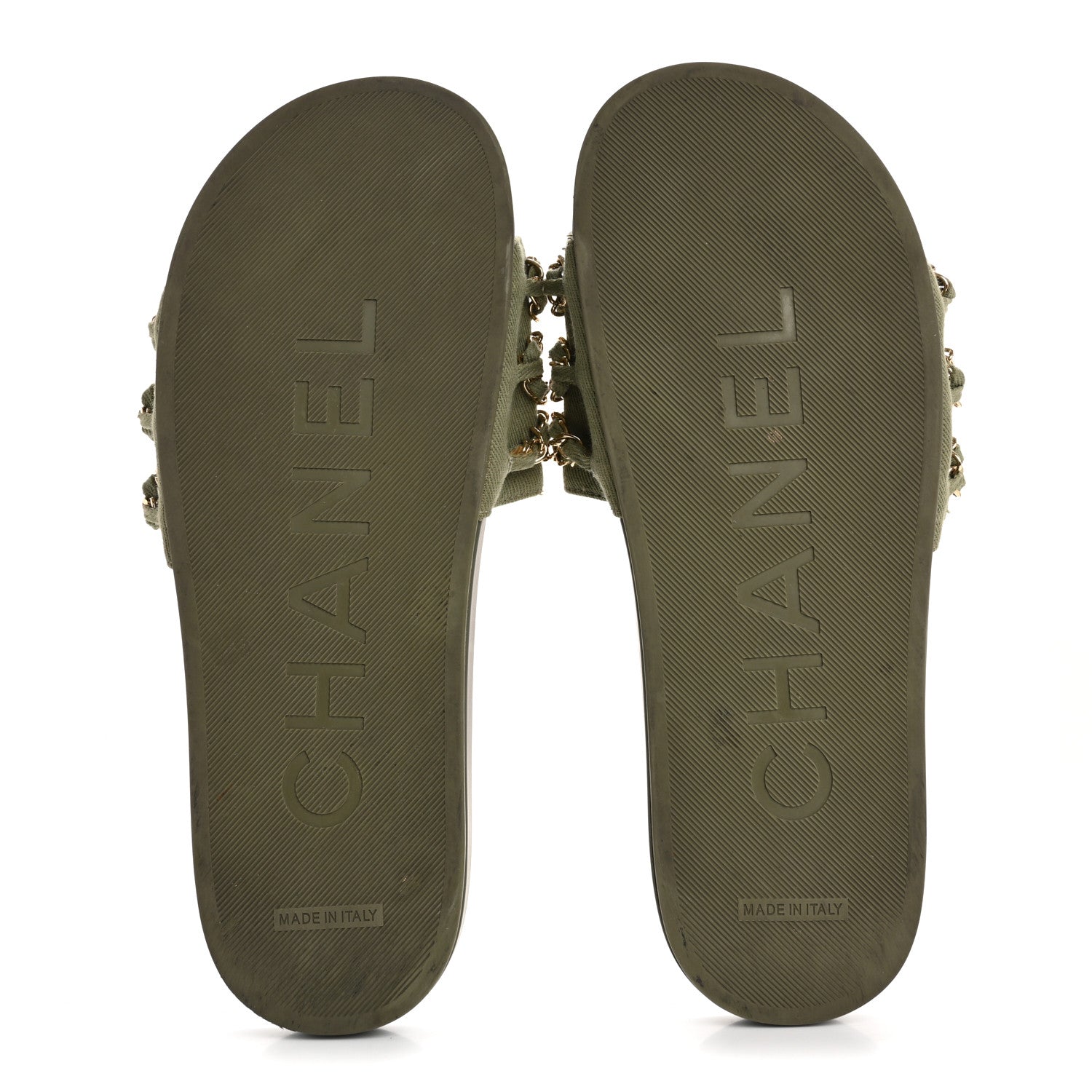 Chanel Satin Canvas Chain Slides Sandals Flats 40 Khaki 6 of 16