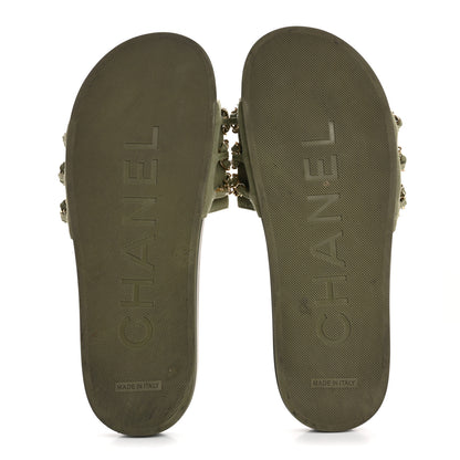 Chanel Satin Canvas Chain Slides Sandals Flats 40 Khaki 6 of 16