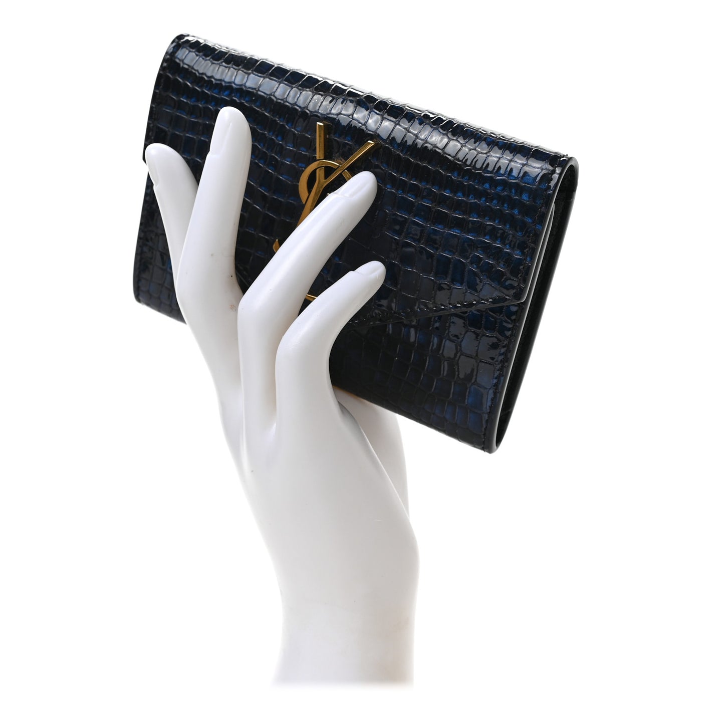 Calfskin Crocodile Embossed Small Monogram Envelope Wallet Blue