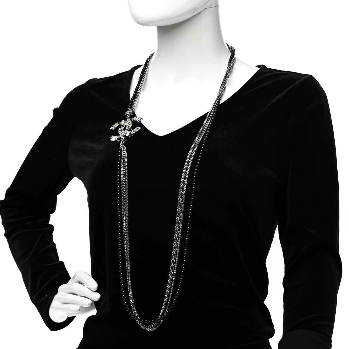 Crystal Baguette CC Multi Strand Long Necklace Silver Black