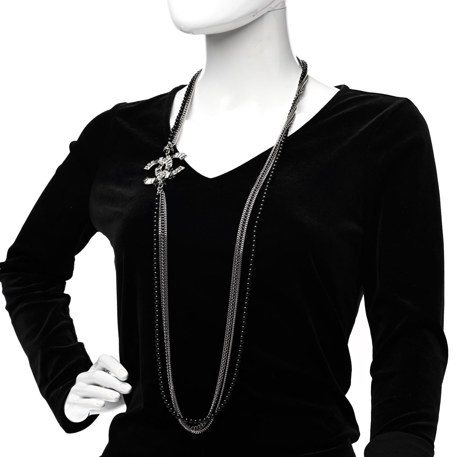 Chanel Crystal Baguette CC Multi Strand Long Necklace Silver Black 2 of 7