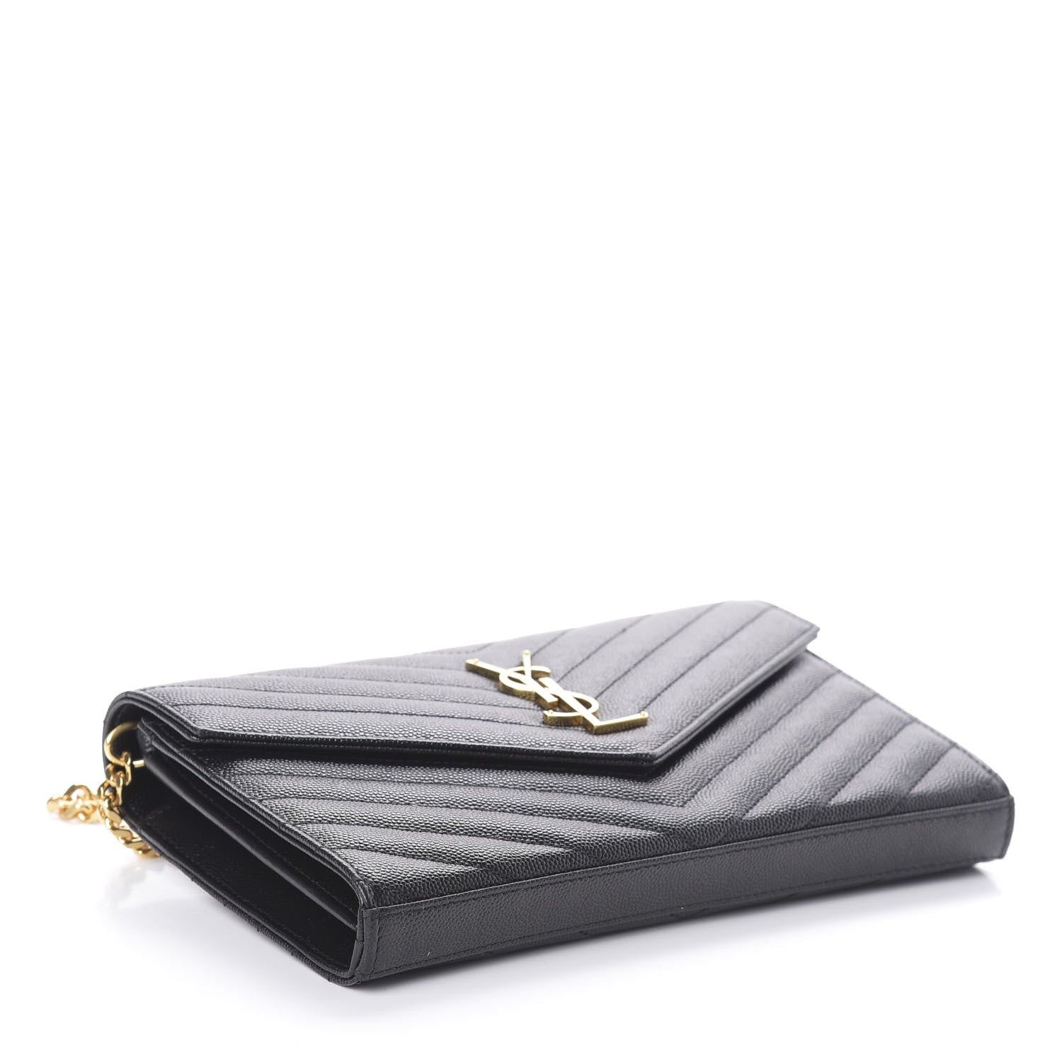 Saint Laurent Grain De Poudre Matelasse Chevron Monogram Chain Wallet Black 4 of 8