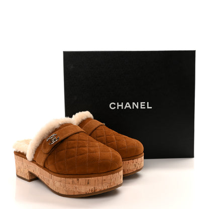 Chanel Suede Calfskin Shearling Turn Lock Clogs 37 Brown 9 of 9