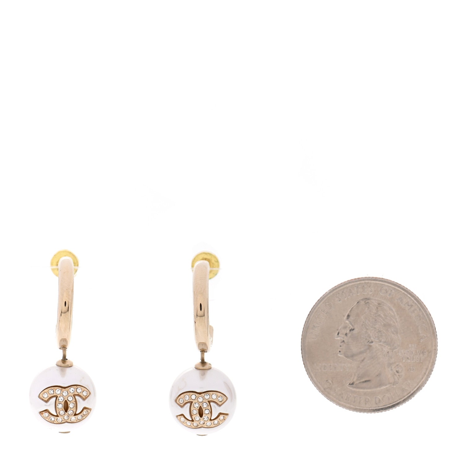Chanel Pearl Crystal CC Drop Earrings Gold Pearly White 2 of 5