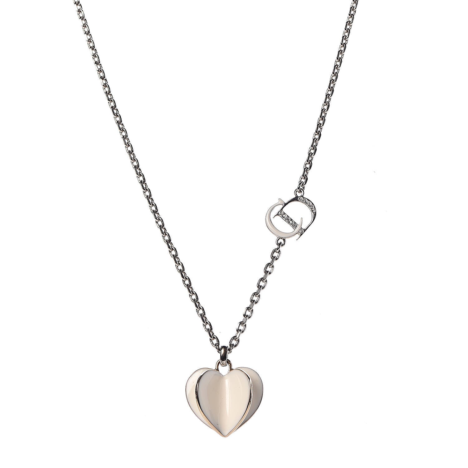 Christian Dior Enamel Crystal Heart CD Necklace Silver 1 of 7