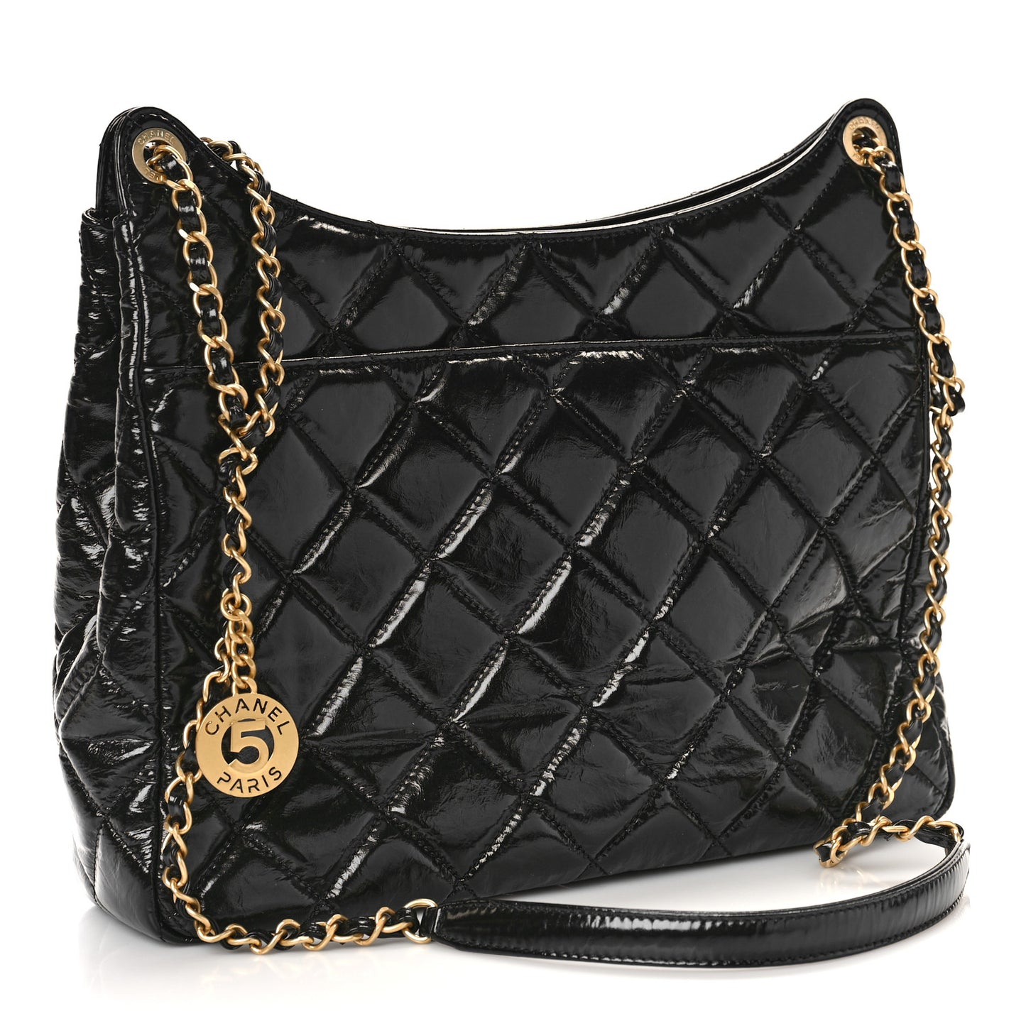Shiny Crumpled Calfskin Quilted Large Wavy CC Hobo Black