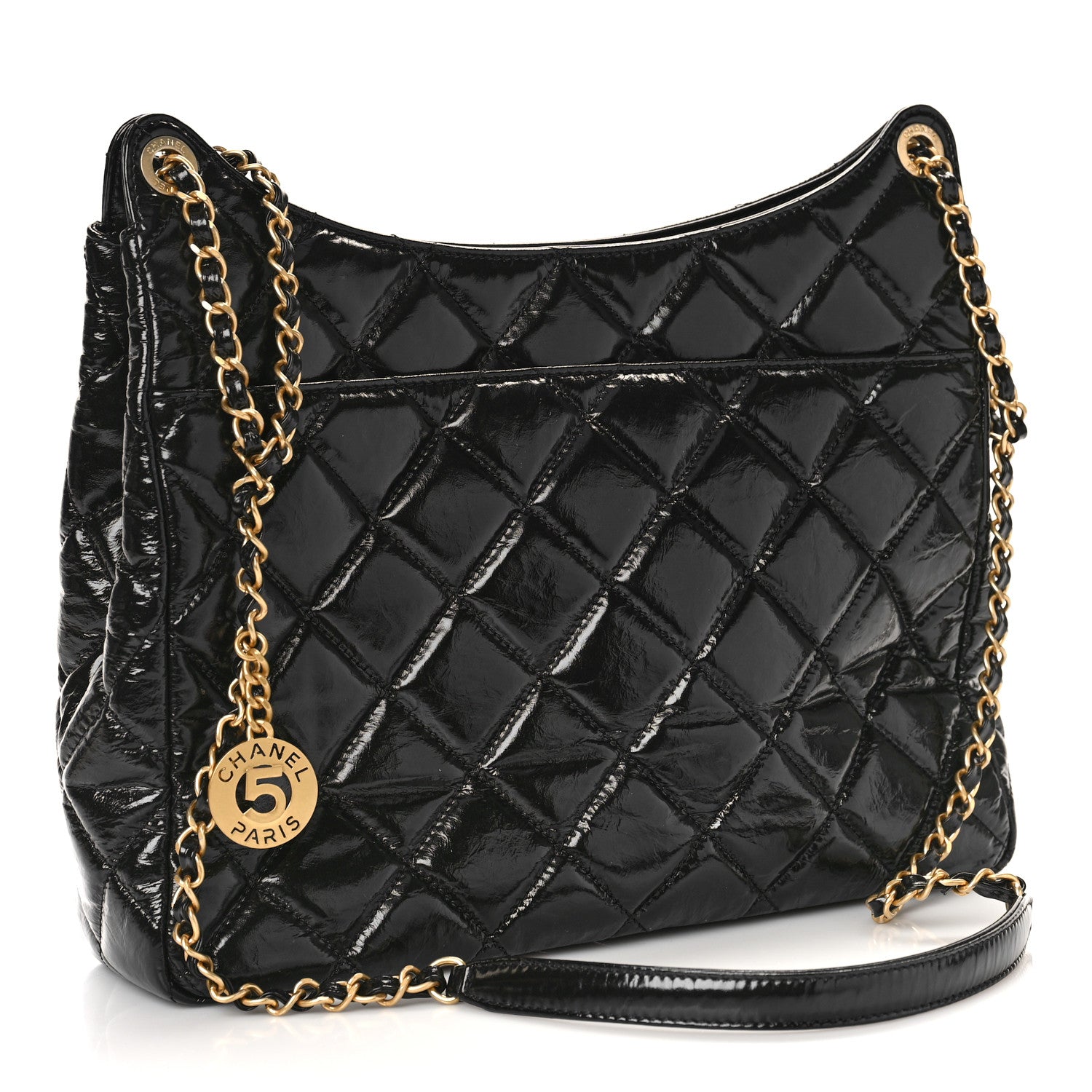 Chanel Shiny Crumpled Calfskin Quilted Large Wavy CC Hobo Black 3 of 9