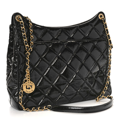 Chanel Shiny Crumpled Calfskin Quilted Large Wavy CC Hobo Black 3 of 9