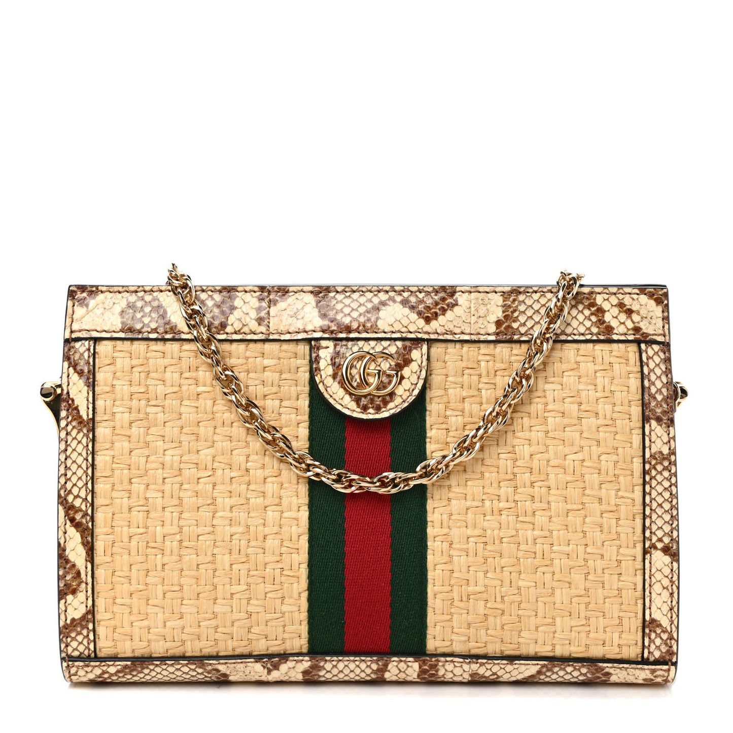 Raffia Elaphe GG Small Ophidia Chain Shoulder Bag Natural Cream Brown