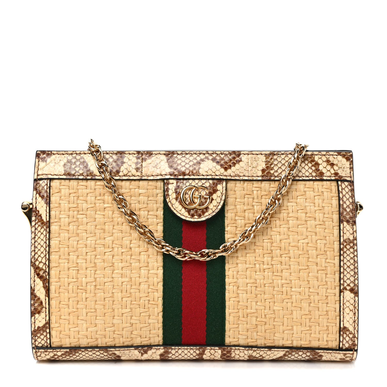 Gucci Raffia Elaphe GG Small Ophidia Chain Shoulder Bag Natural Cream Brown 1 of 9