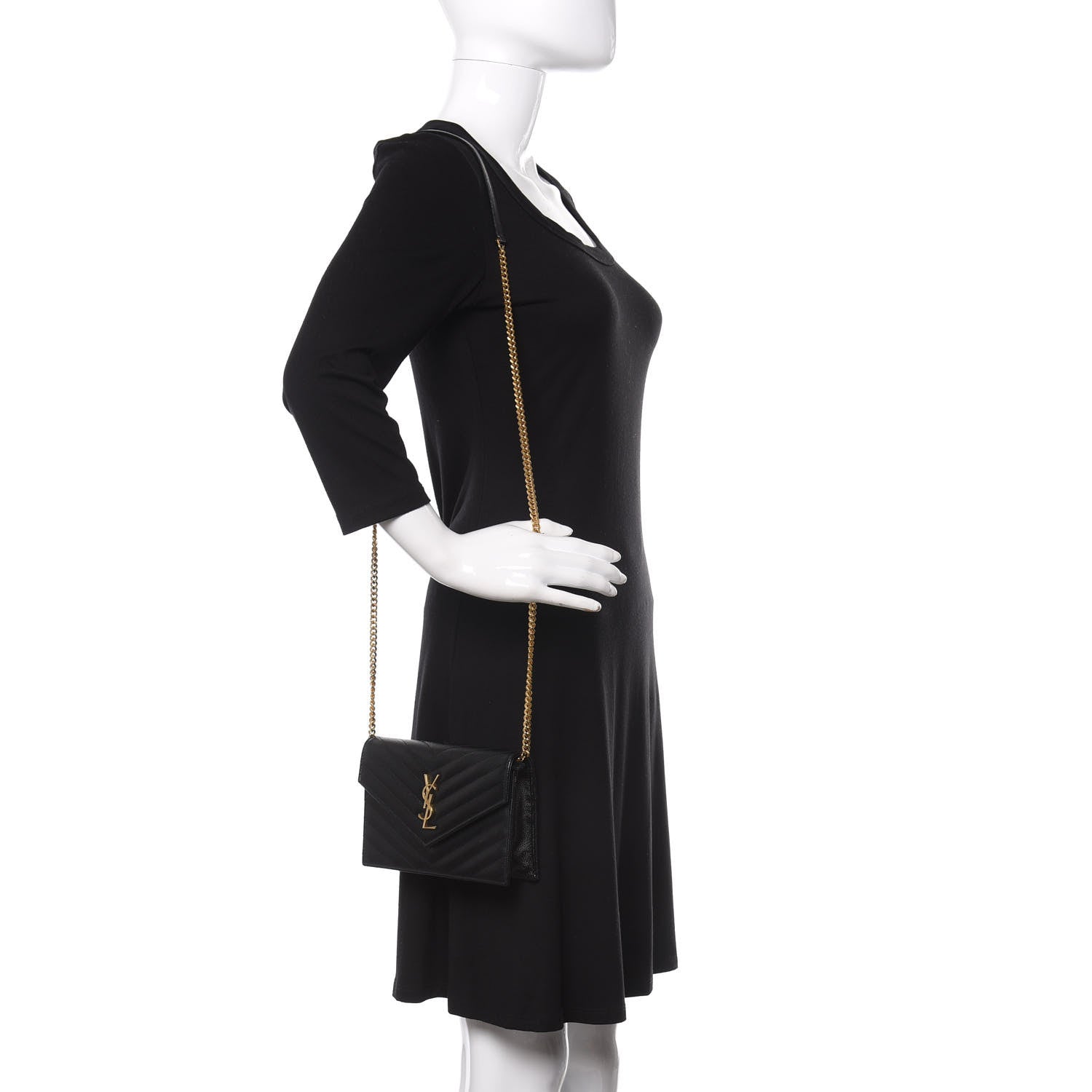 Saint Laurent Grain De Poudre Matelasse Chevron Monogram Envelope Chain Wallet Black 2 of 11