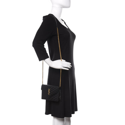 Saint Laurent Grain De Poudre Matelasse Chevron Monogram Envelope Chain Wallet Black 2 of 11