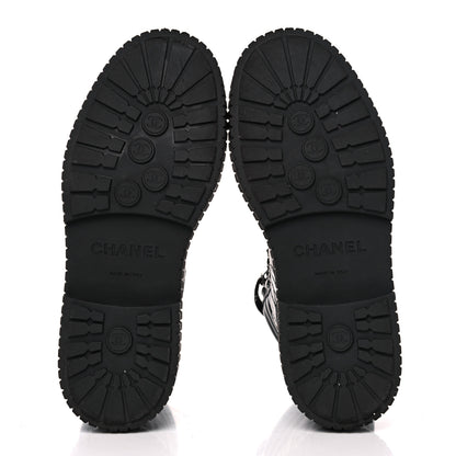 Chanel Calfskin Grosgrain Quilted Lace Up Boots 37 Black Grey 5 of 10