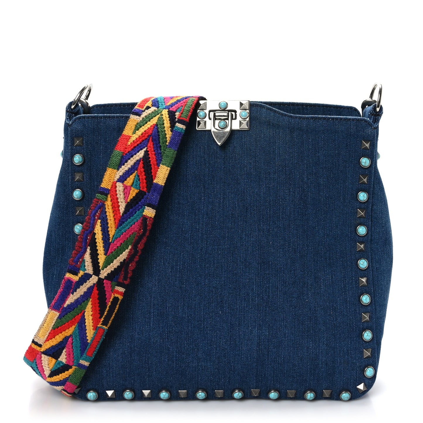 Denim Small Guitar Strap Rockstud Rolling Flip-Lock Messenger Bag Blue