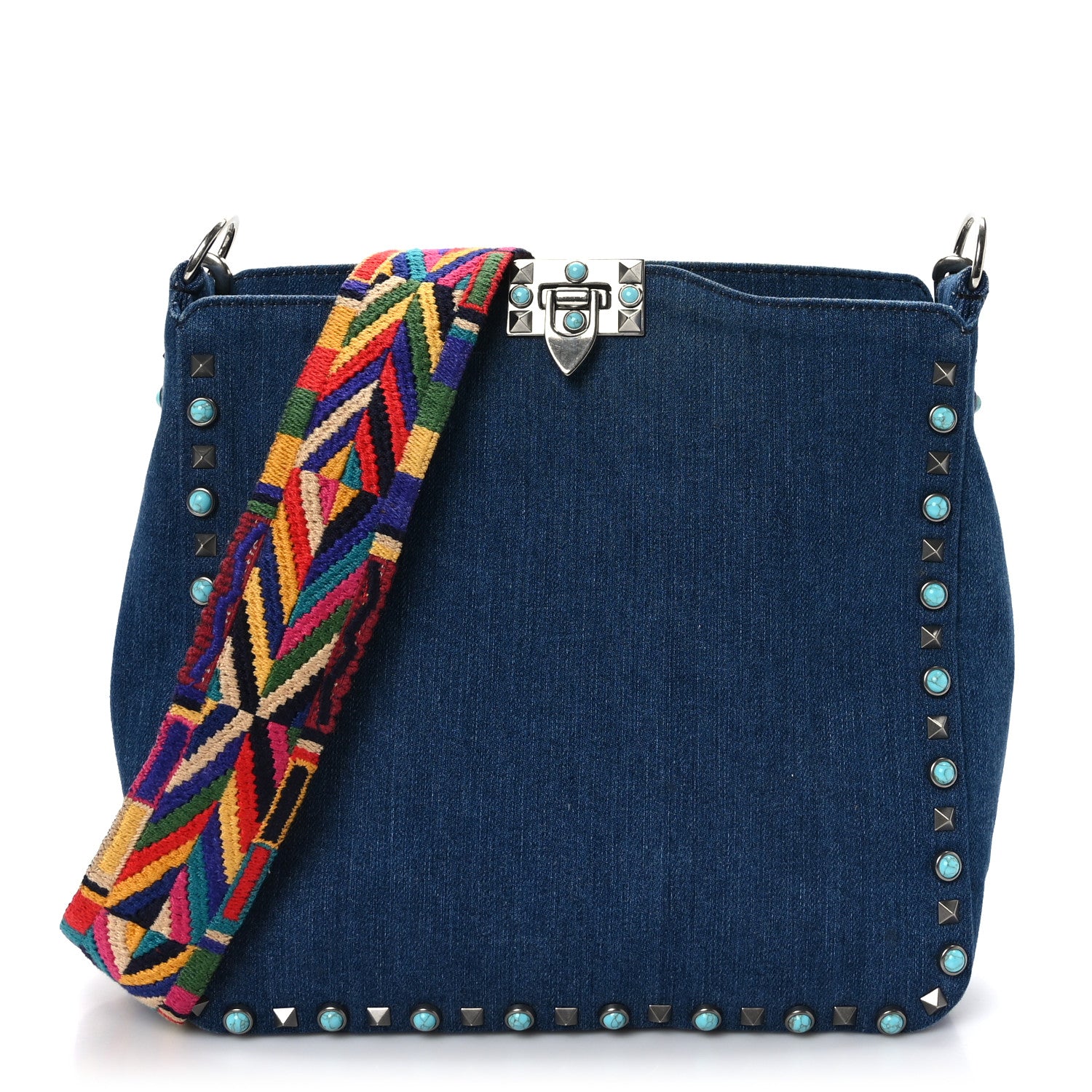 Valentino Garavani Denim Small Guitar Strap Rockstud Rolling Flip-Lock Messenger Bag Blue 1 of 8