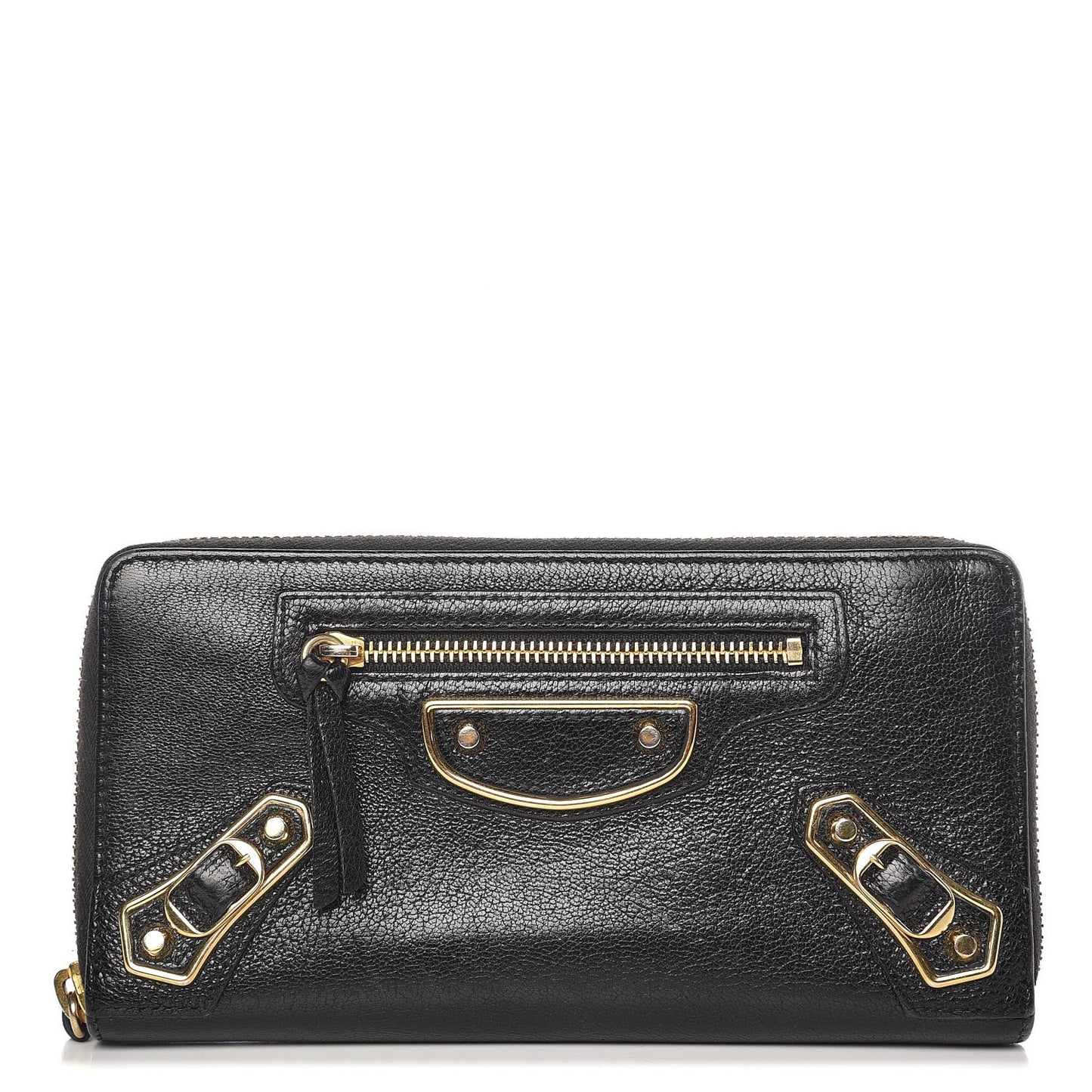 Chevre Gold Metallic Edge Hardware Zip Around Wallet Black